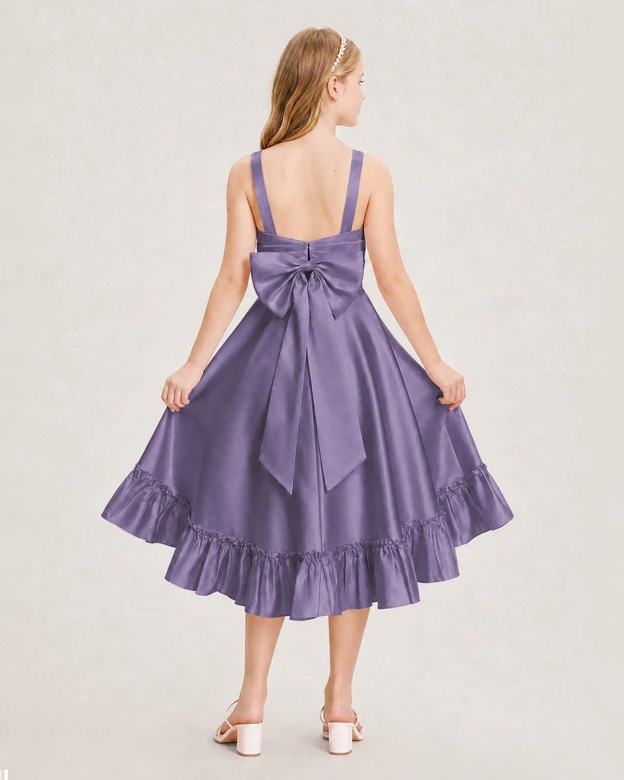 Dideyttawl Satin High-Low Junior Bridesmaid Dress with Bow