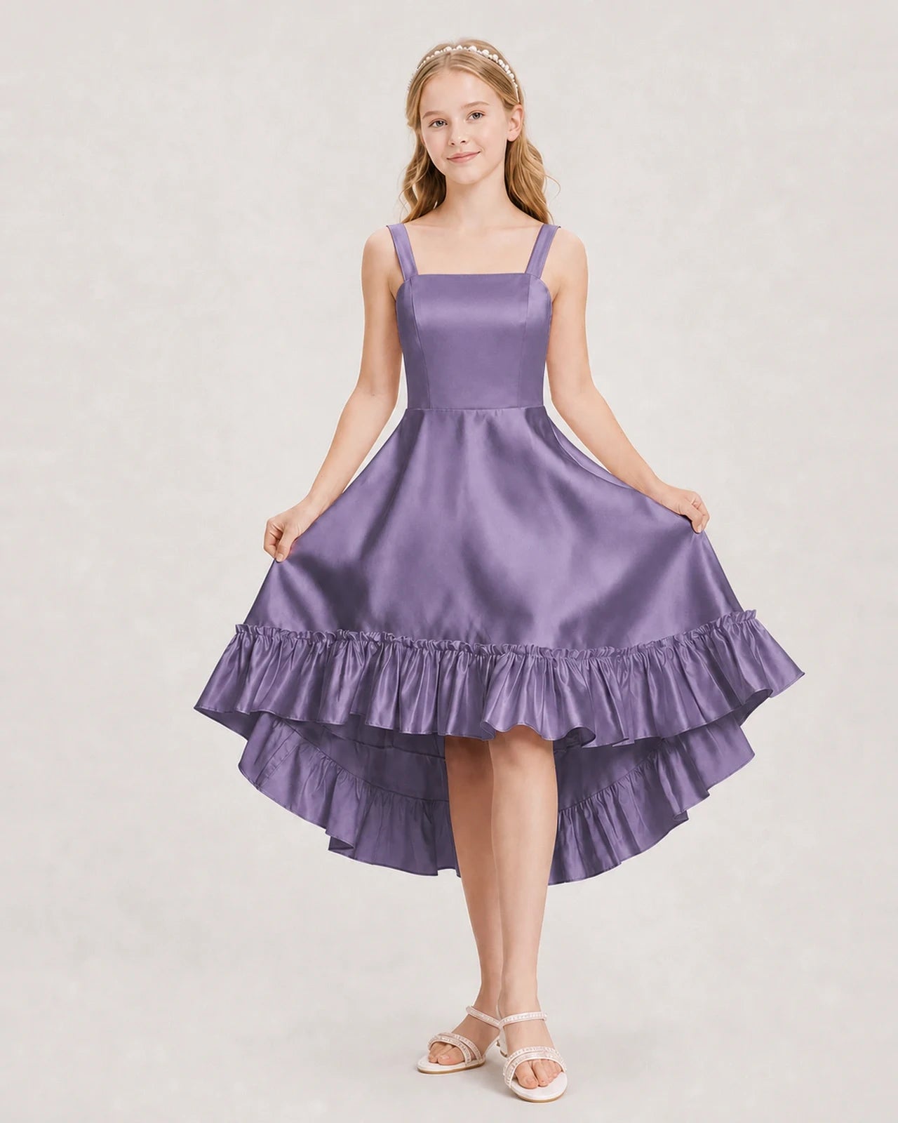 Dideyttawl Satin High-Low Junior Bridesmaid Dress with Bow
