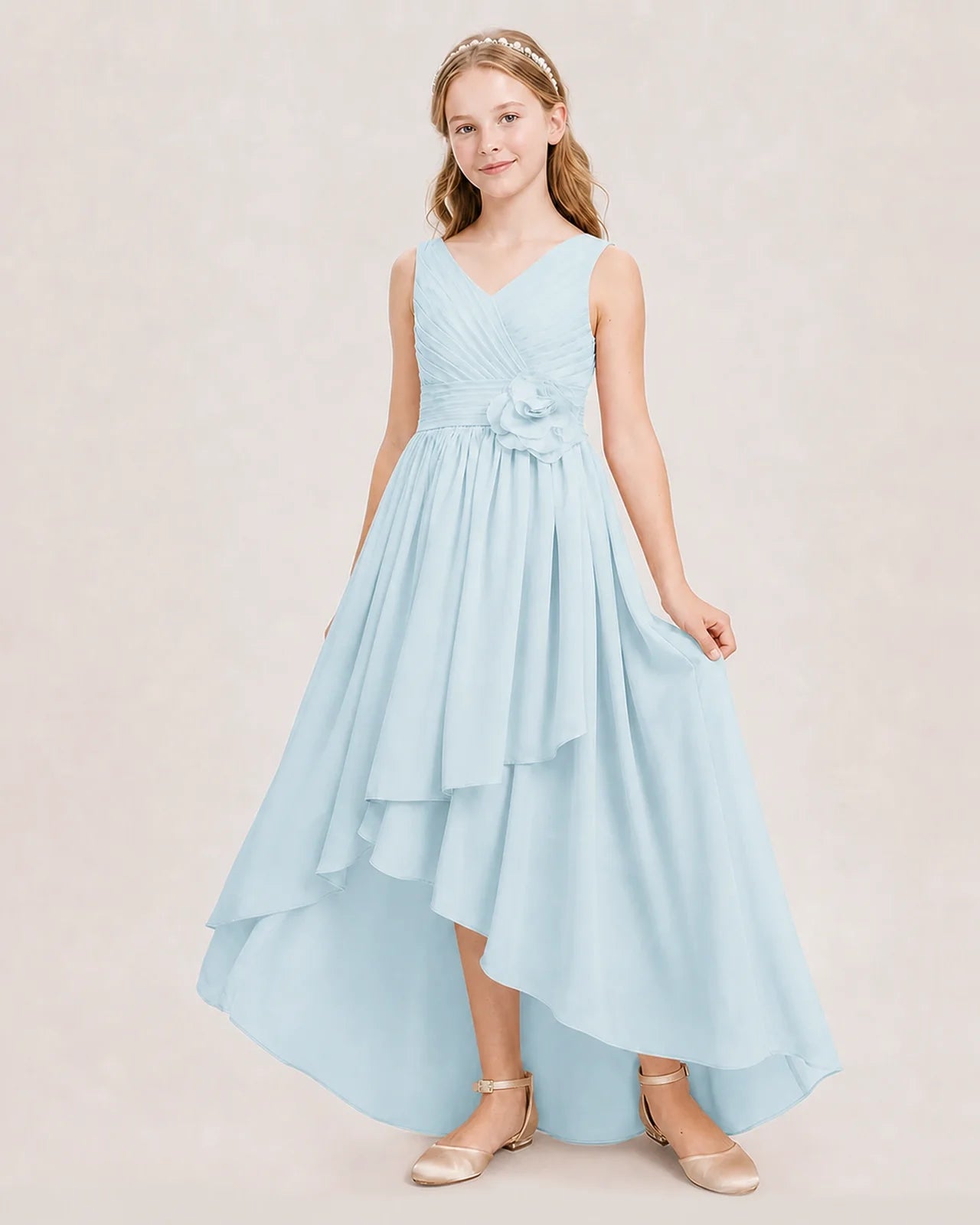 Dideyttawl V-Neck Ruched Chiffon Junior Bridesmaid Dress
