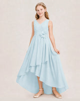Baby blue chiffon high low junior bridesmaid dresses front view