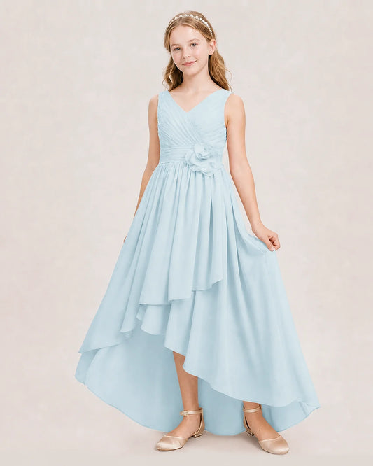 Dideyttawl V-Neck Ruched Chiffon Junior Bridesmaid Dress