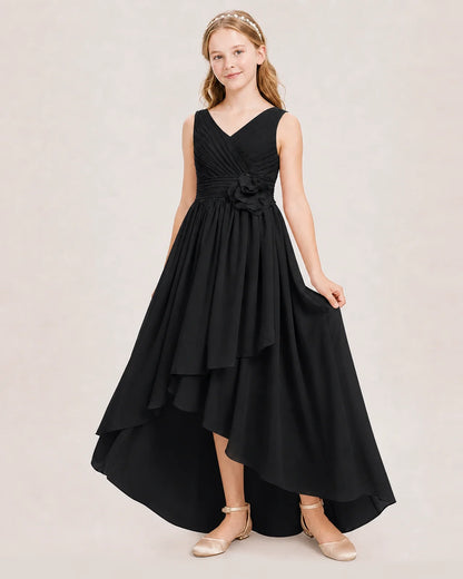 Dideyttawl V-Neck Ruched Chiffon Junior Bridesmaid Dress