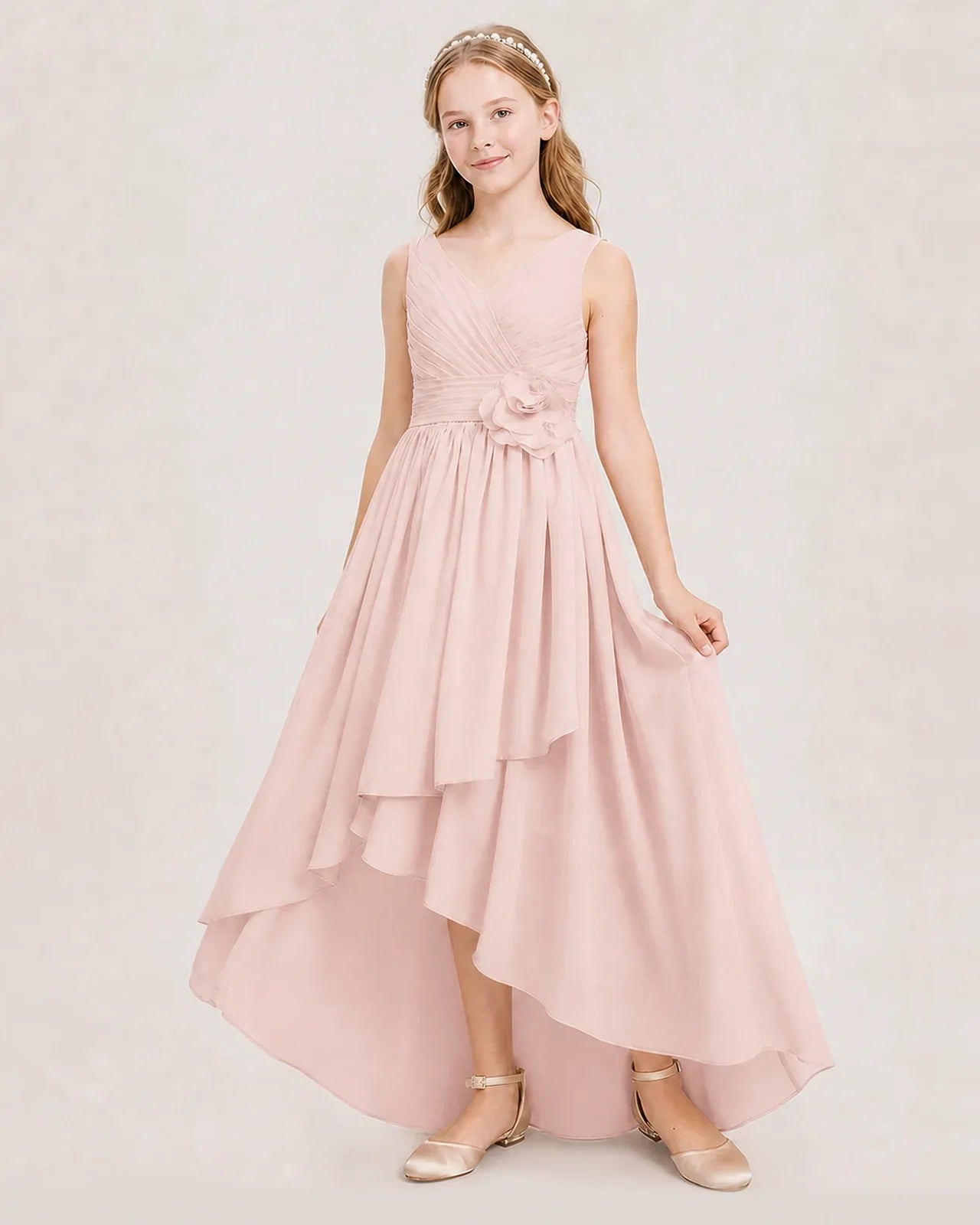 Dideyttawl V-Neck Ruched Chiffon Junior Bridesmaid Dress