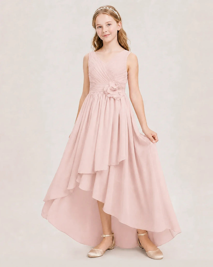 Blush Pink Chiffon High Low Junior Bridesmaid Dresses Front View