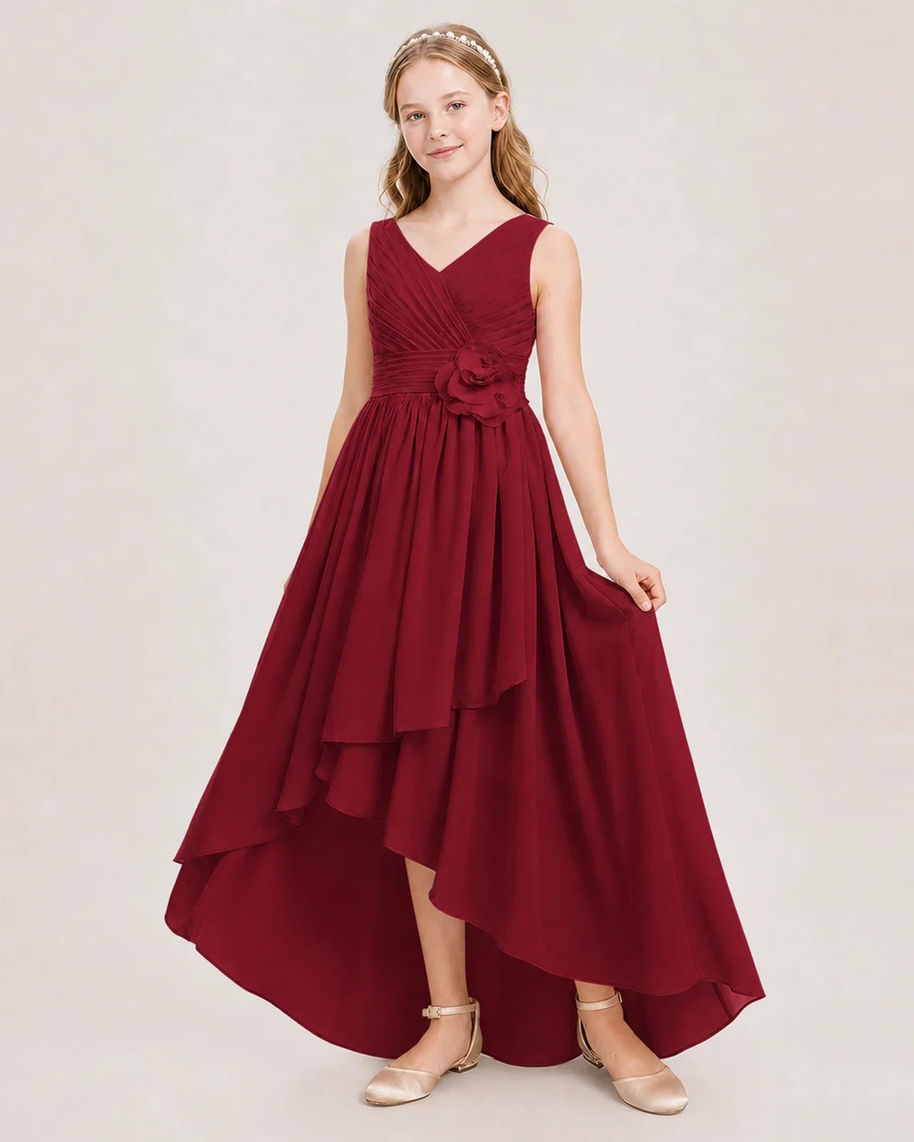 Dideyttawl V-Neck Ruched Chiffon Junior Bridesmaid Dress