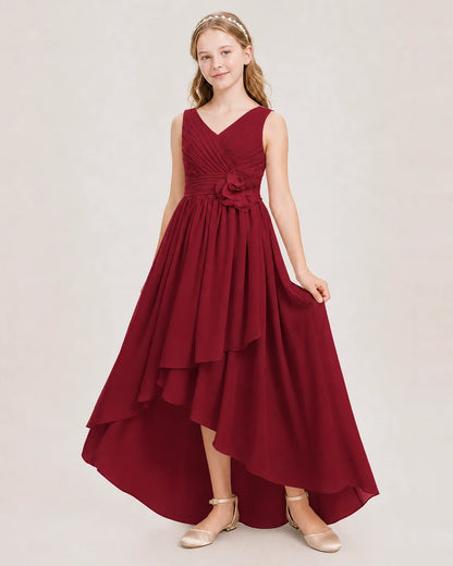 Dideyttawl V-Neck Ruched Chiffon Junior Bridesmaid Dress