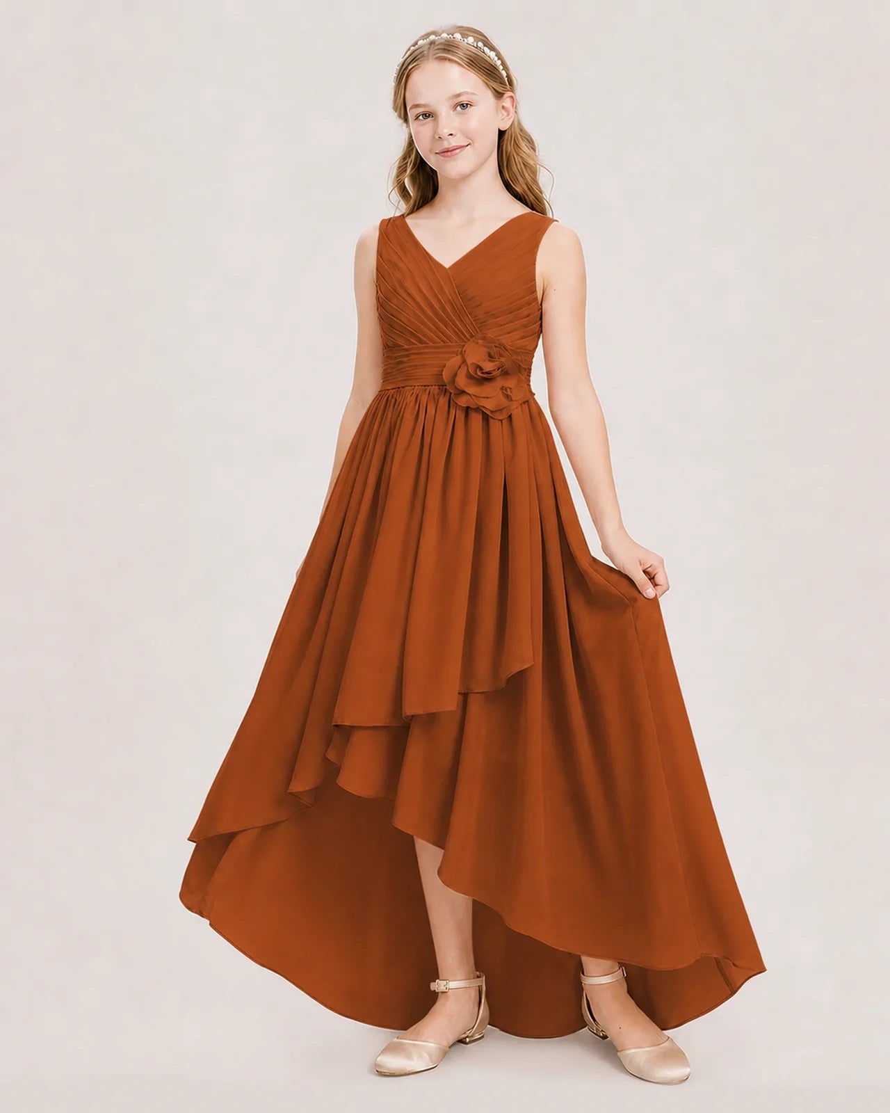 Dideyttawl V-Neck Ruched Chiffon Junior Bridesmaid Dress