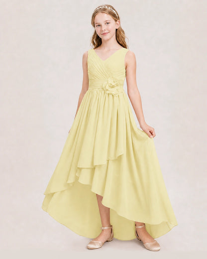 Dideyttawl V-Neck Ruched Chiffon Junior Bridesmaid Dress