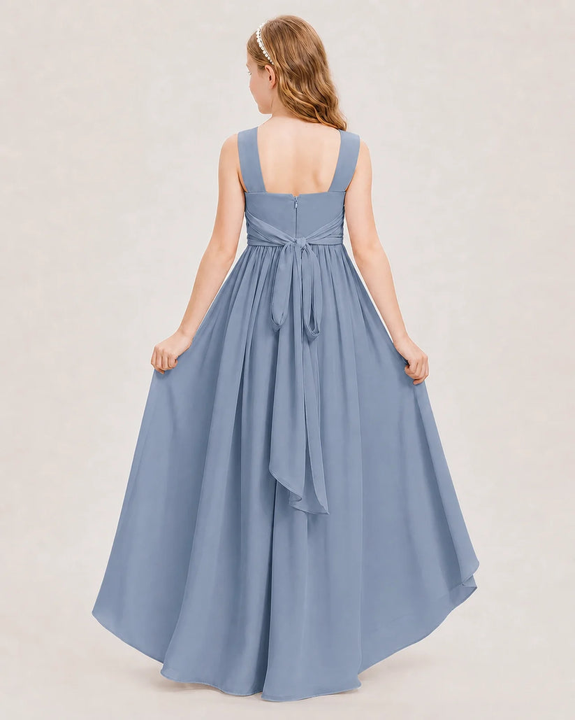 Dusty blue chiffon A-line junior bridesmaid dress, back view