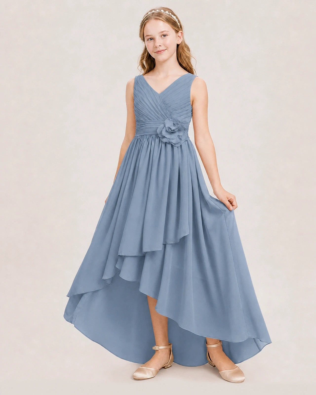 Dideyttawl V-Neck Ruched Chiffon Junior Bridesmaid Dress