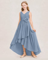 Dusty Blue Chiffon High Low Junior Bridesmaid Dresses Front View