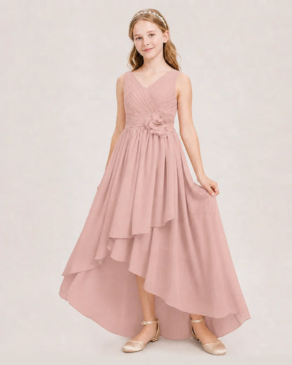 Dideyttawl V-Neck Ruched Chiffon Junior Bridesmaid Dress