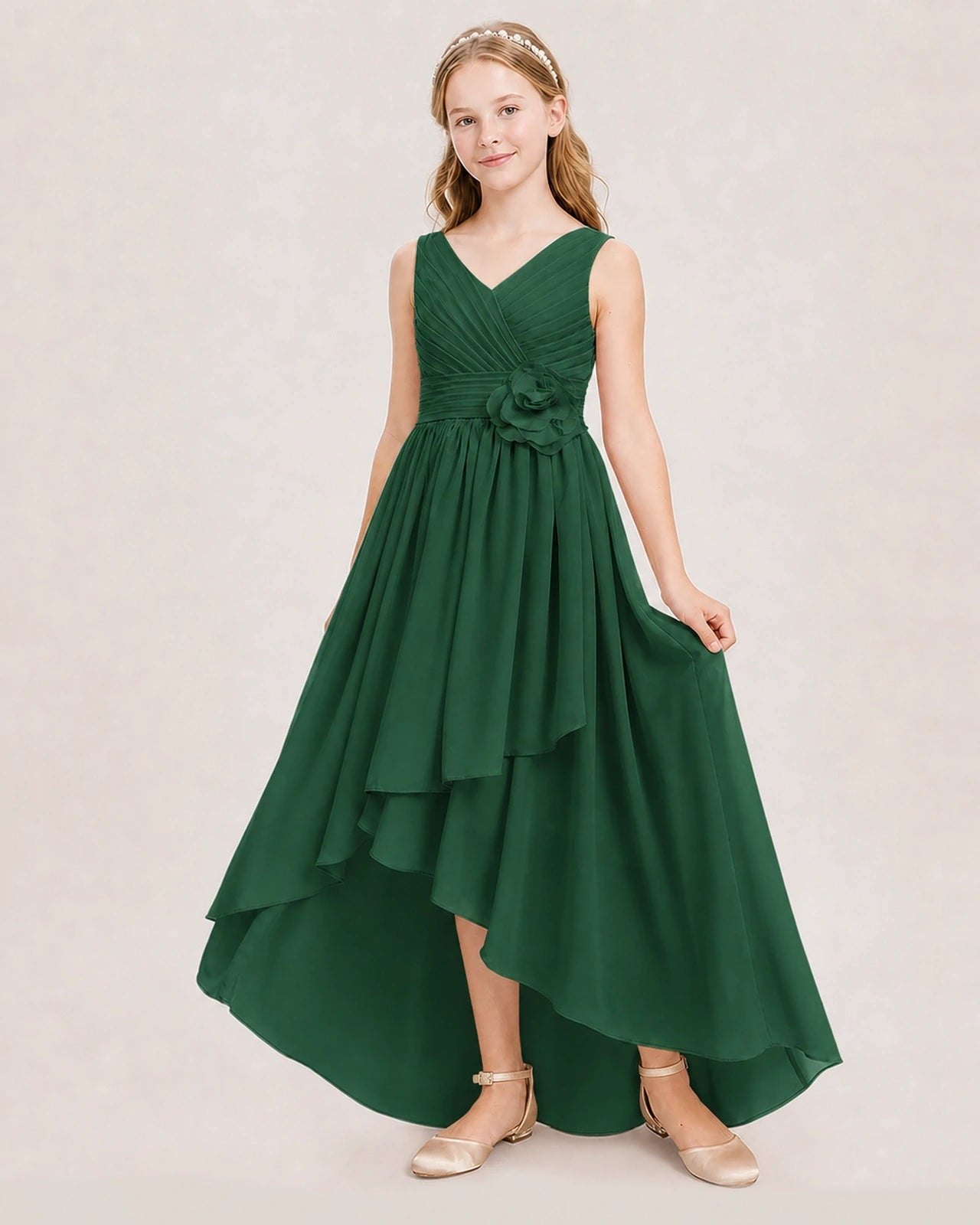 Dideyttawl V-Neck Ruched Chiffon Junior Bridesmaid Dress