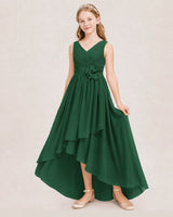 Emerald green chiffon high-low junior bridesmaid dress Front View
