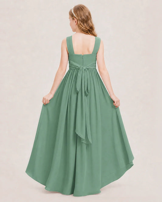 Eucalyptus Chiffon A-line Junior Bridesmaid Dresses Back View