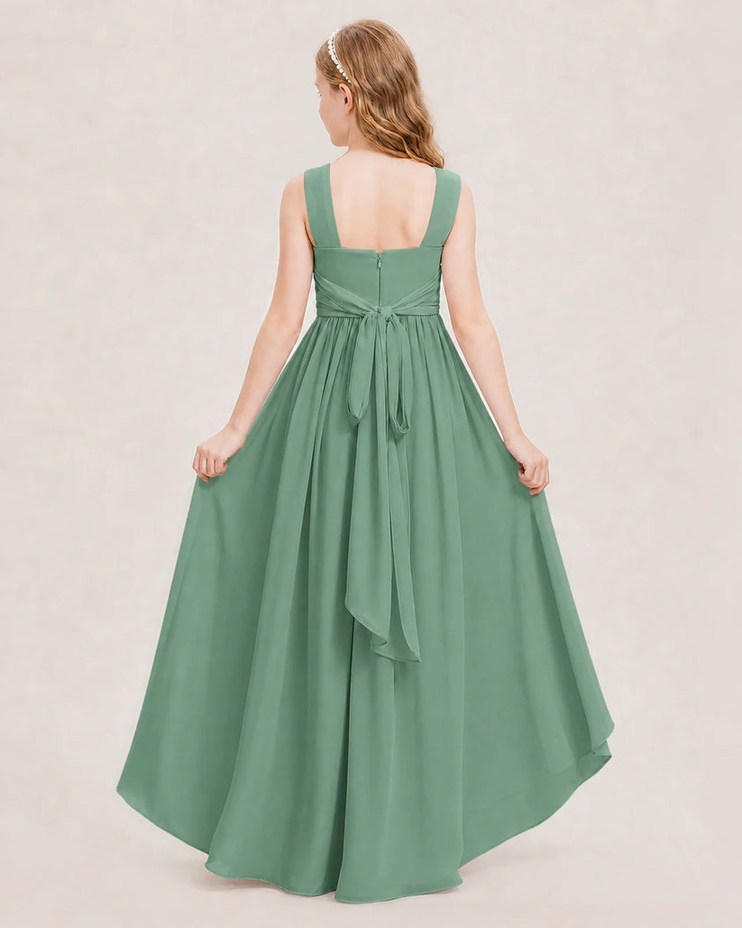 Eucalyptus Chiffon A-line Junior Bridesmaid Dresses Back View