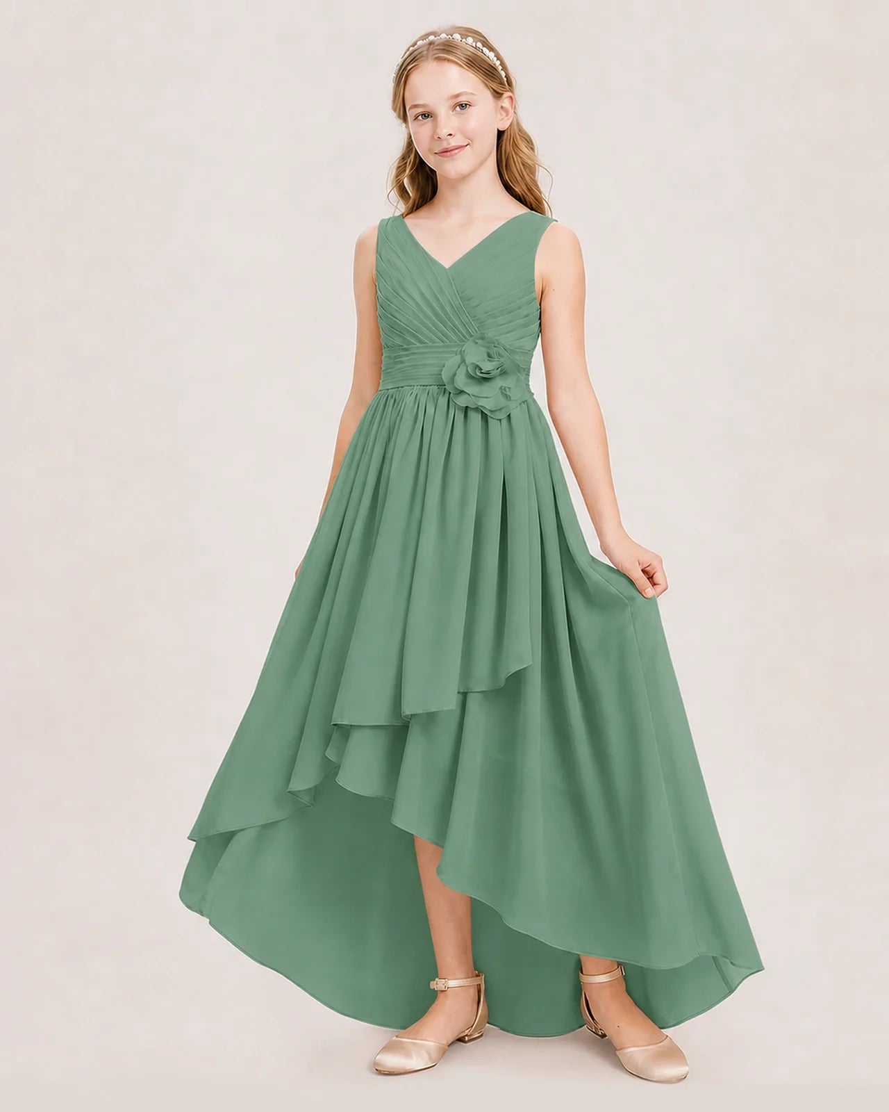 Dideyttawl V-Neck Ruched Chiffon Junior Bridesmaid Dress