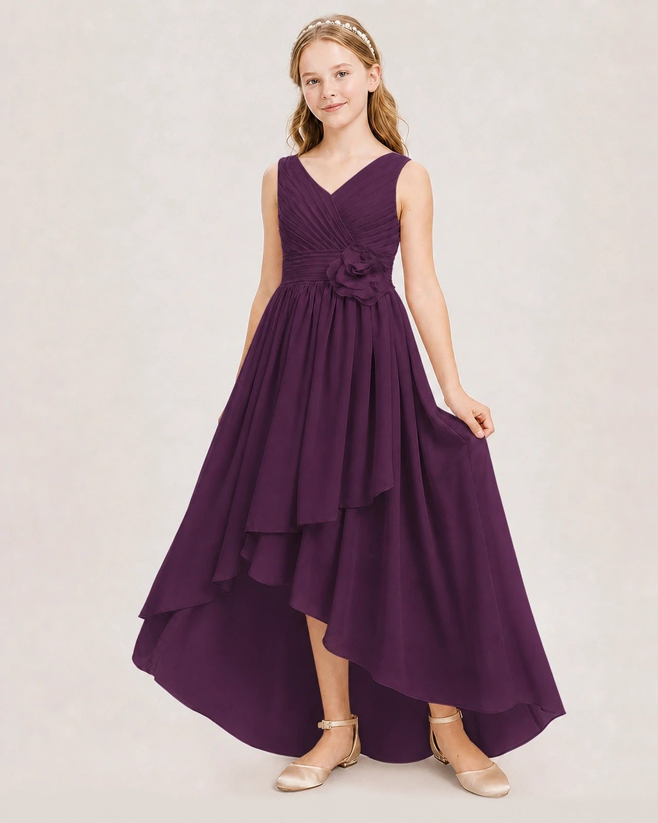 Dideyttawl V-Neck Ruched Chiffon Junior Bridesmaid Dress