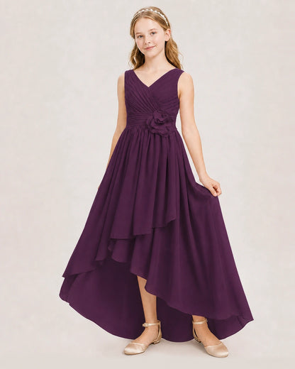 Dideyttawl V-Neck Ruched Chiffon Junior Bridesmaid Dress