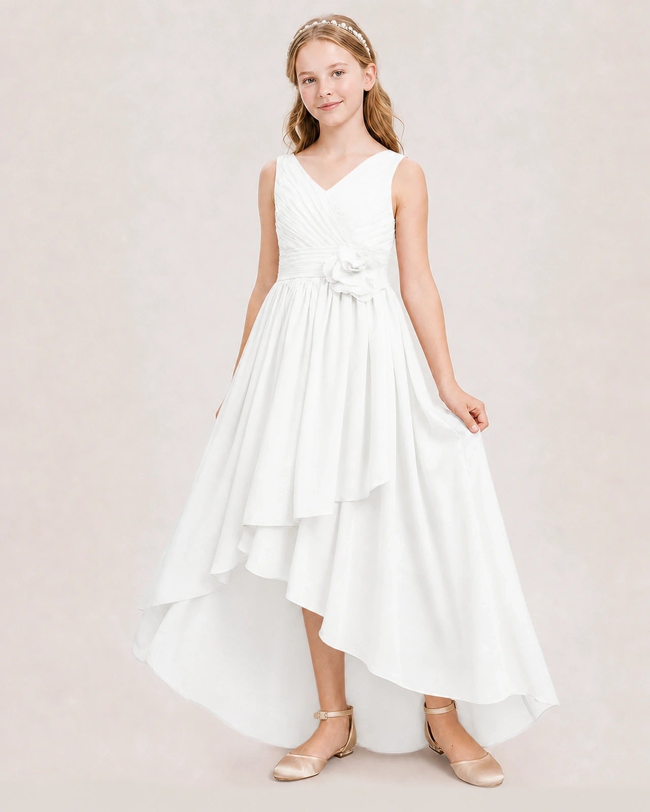 Dideyttawl V-Neck Ruched Chiffon Junior Bridesmaid Dress