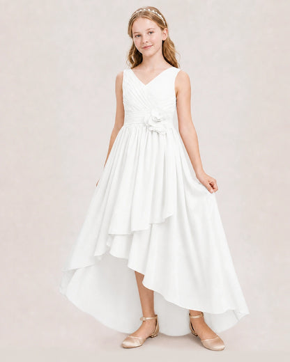 Dideyttawl V-Neck Ruched Chiffon Junior Bridesmaid Dress