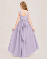 Lavender chiffon A-line junior bridesmaid dress, back view.