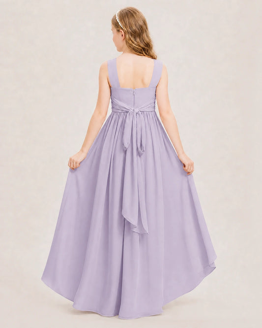 Lavender chiffon A-line junior bridesmaid dress, back view.