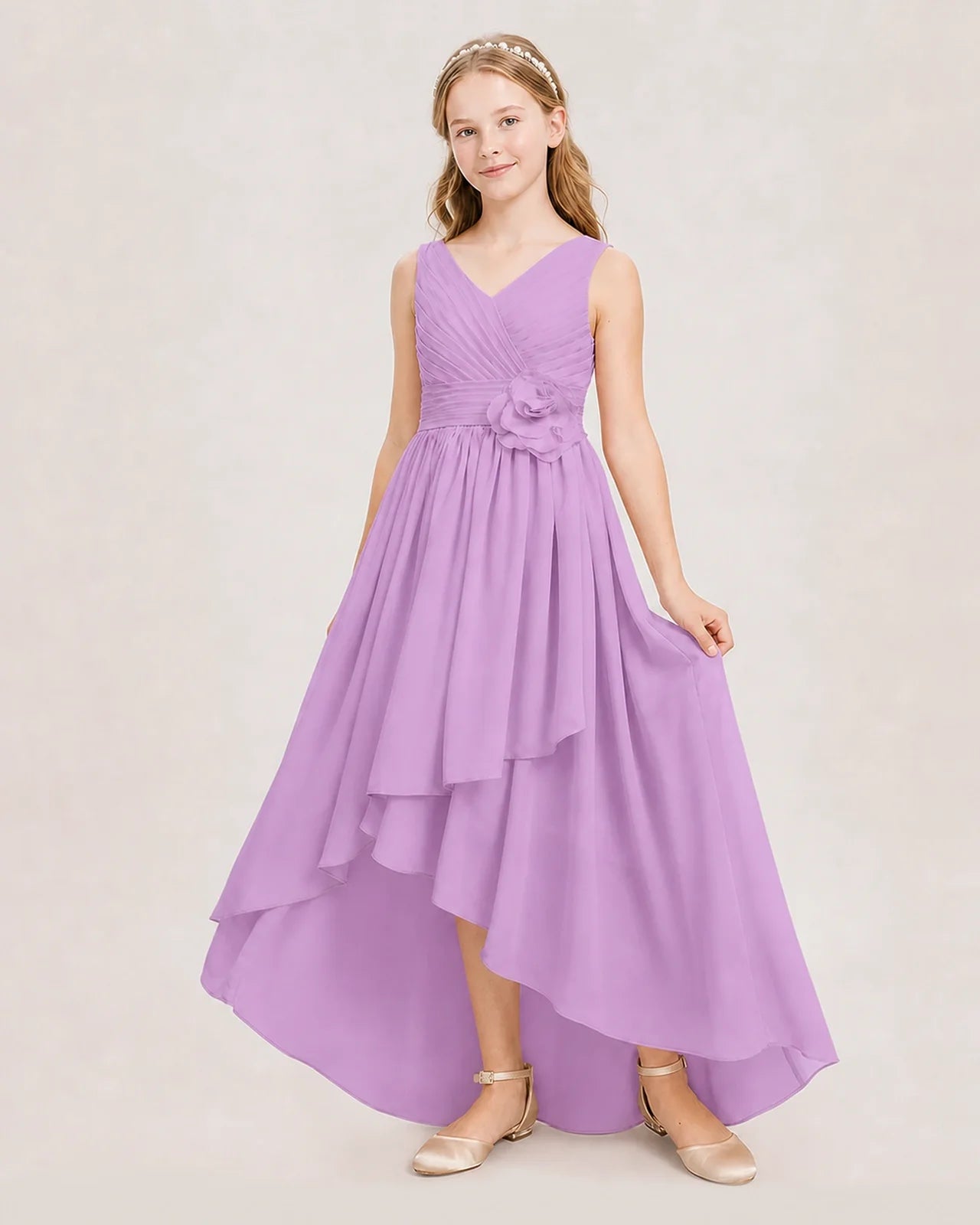 Dideyttawl V-Neck Ruched Chiffon Junior Bridesmaid Dress