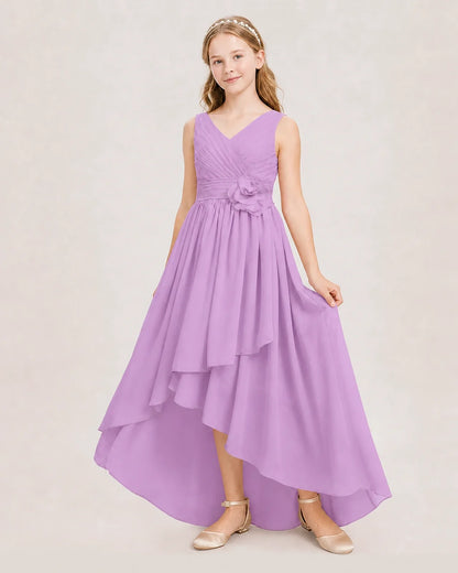 Dideyttawl V-Neck Ruched Chiffon Junior Bridesmaid Dress