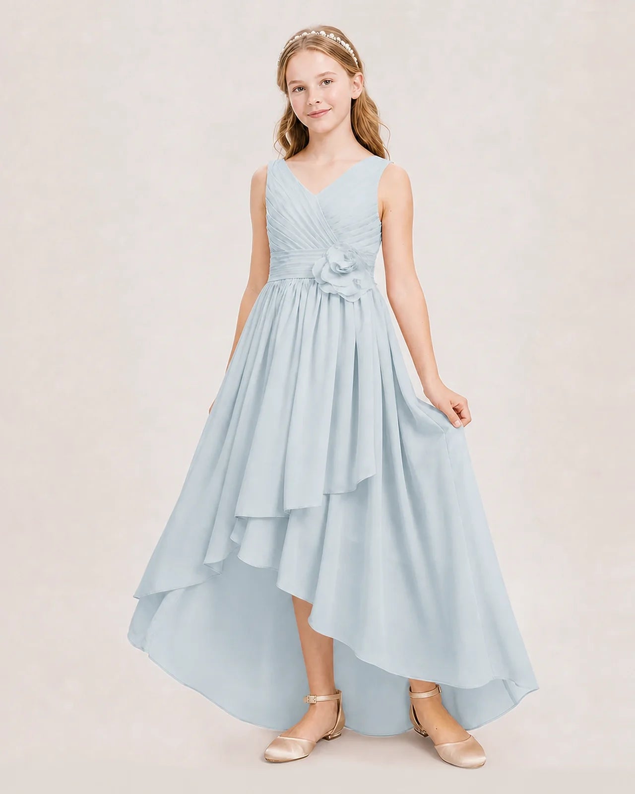 Dideyttawl V-Neck Ruched Chiffon Junior Bridesmaid Dress