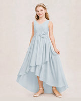 Mist Chiffon V-neck High-Low Junior Bridesmaid Dresses Front View