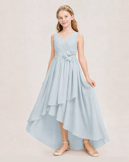 Dideyttawl V-Neck Ruched Chiffon Junior Bridesmaid Dress