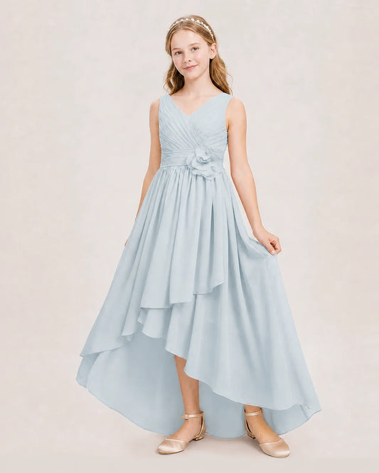 Mist Chiffon V-neck High-Low Junior Bridesmaid Dresses Front View
