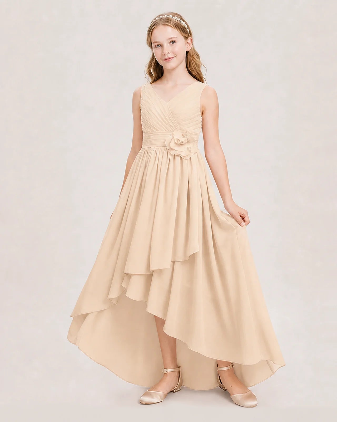 Dideyttawl V-Neck Ruched Chiffon Junior Bridesmaid Dress