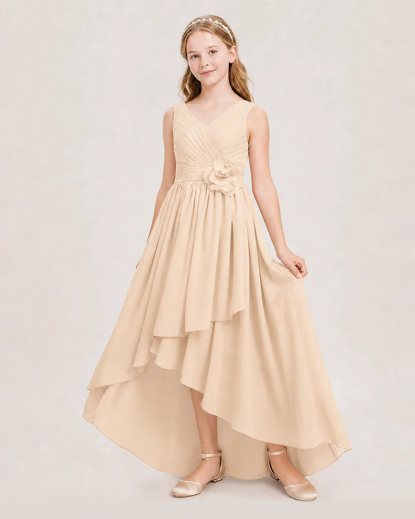 Peach Chiffon High Low Junior Bridesmaid Dresses Front View