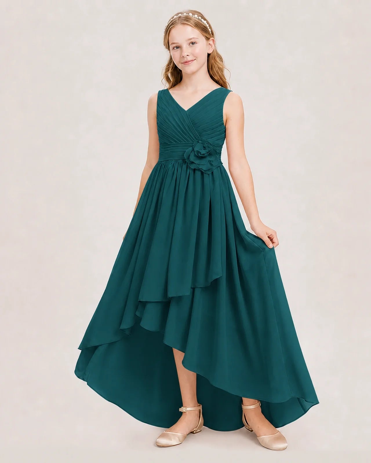 Dideyttawl V-Neck Ruched Chiffon Junior Bridesmaid Dress