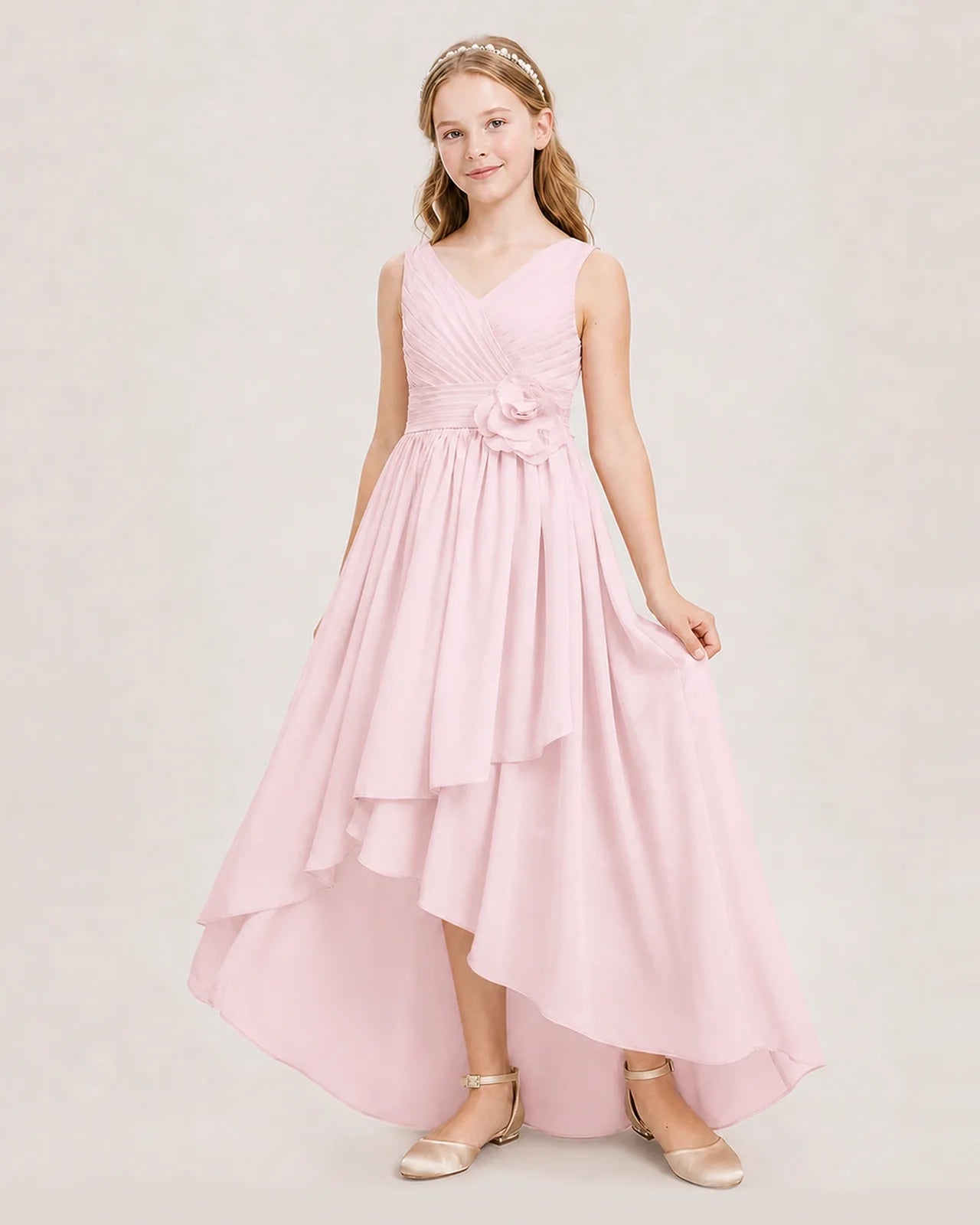 Dideyttawl V-Neck Ruched Chiffon Junior Bridesmaid Dress