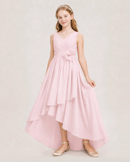 Dideyttawl V-Neck Ruched Chiffon Junior Bridesmaid Dress