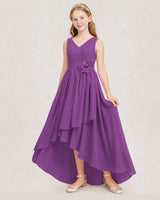 Purple chiffon high-low junior bridesmaid dress Front View