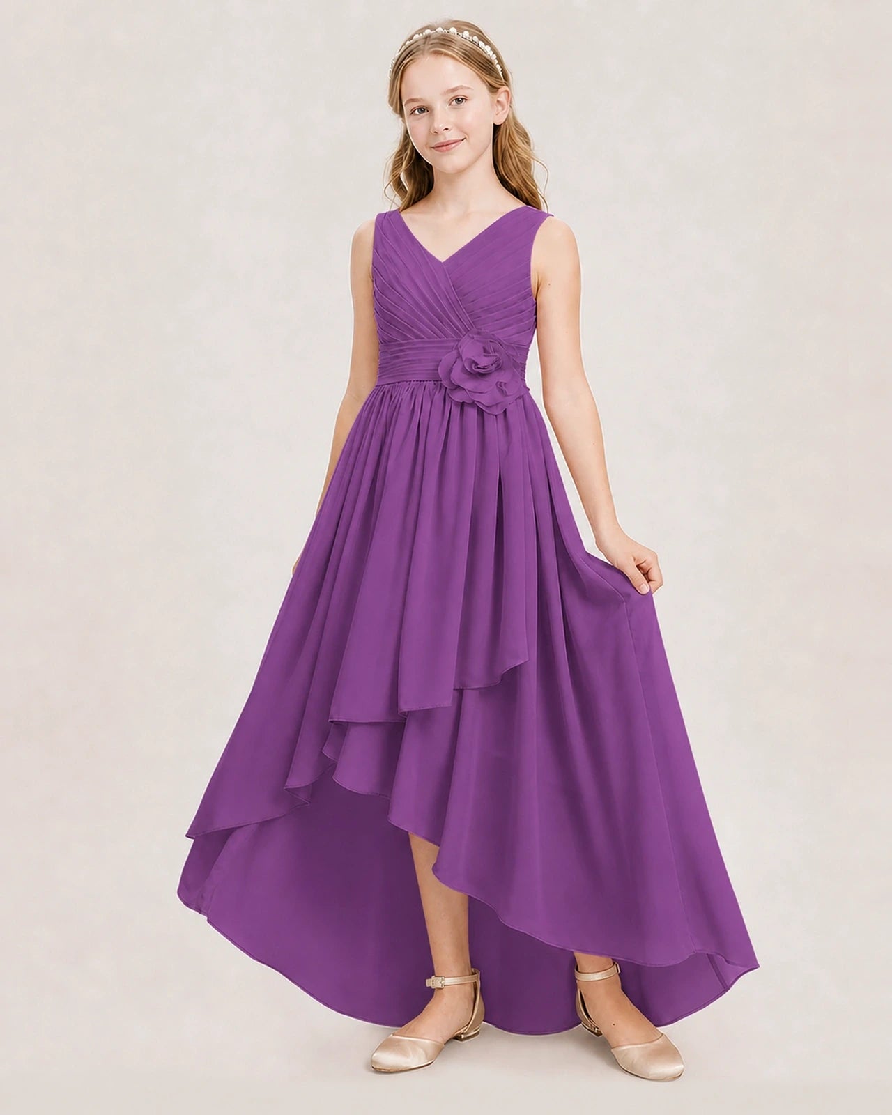 Purple chiffon high-low junior bridesmaid dress Front View