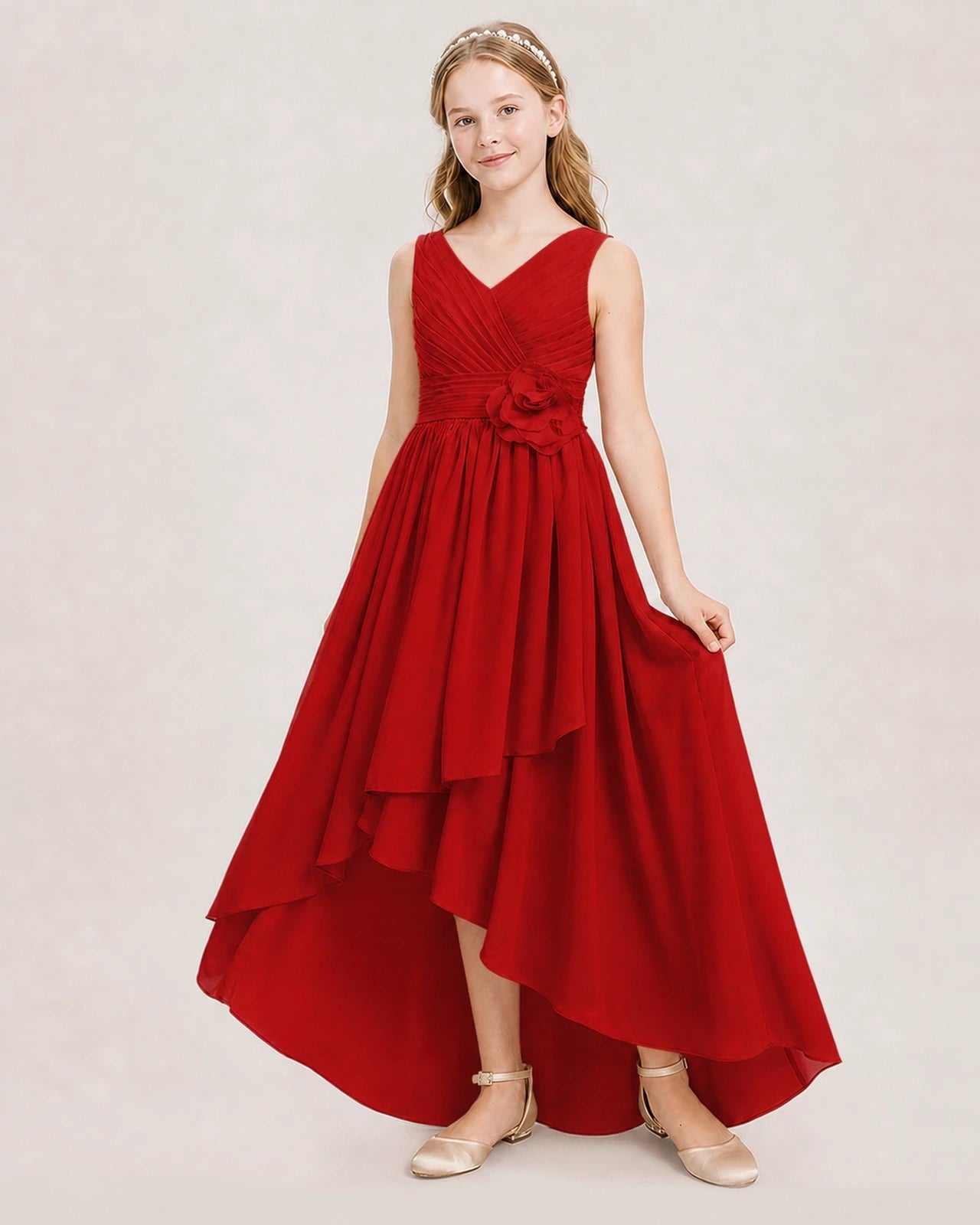 Dideyttawl V-Neck Ruched Chiffon Junior Bridesmaid Dress