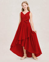 Red chiffon high low junior bridesmaid dresses Front View