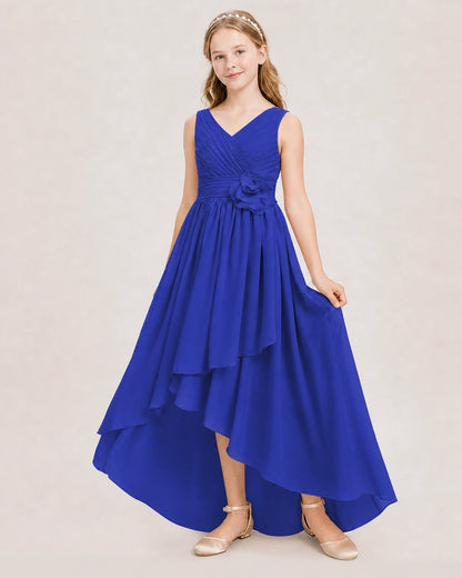 Dideyttawl V-Neck Ruched Chiffon Junior Bridesmaid Dress