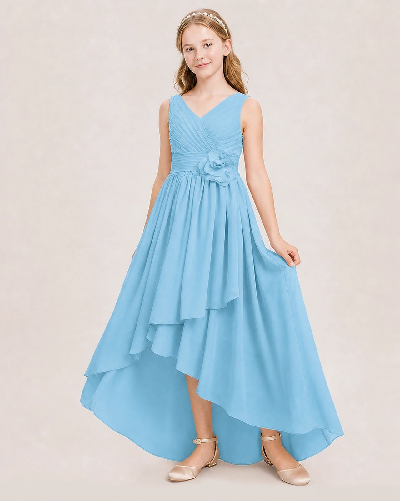 Dideyttawl V-Neck Ruched Chiffon Junior Bridesmaid Dress