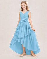 Sky Blue Chiffon V-Neck High-Low Junior Bridesmaid Dresses Front View