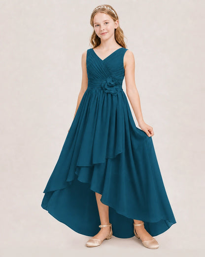Dideyttawl V-Neck Ruched Chiffon Junior Bridesmaid Dress