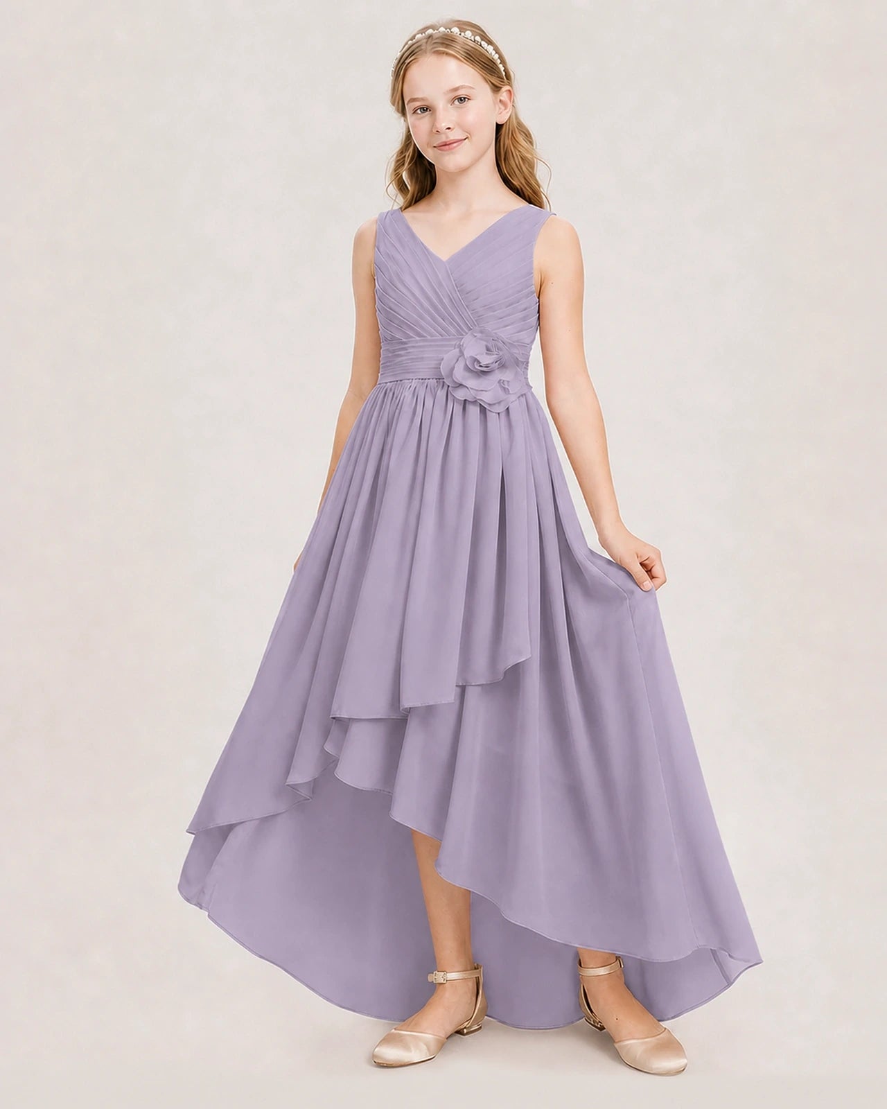 Dideyttawl V-Neck Ruched Chiffon Junior Bridesmaid Dress