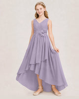 Wisteria Chiffon V-Neck Asymmetrical Junior Bridesmaid Dress Front View