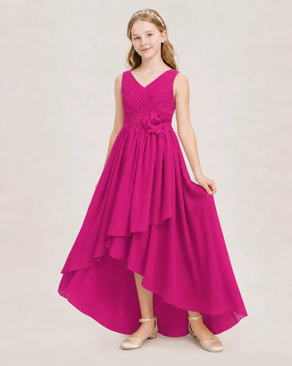 Dideyttawl V-Neck Ruched Chiffon Junior Bridesmaid Dress