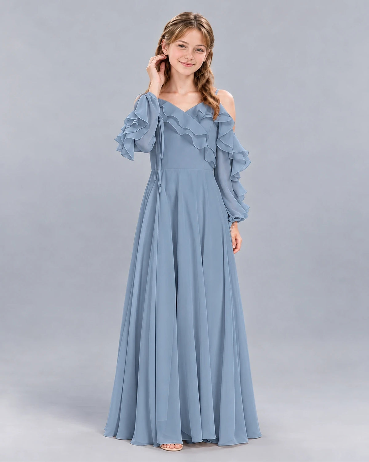 Dusty Blue A-line Junior Bridesmaid Dress Front